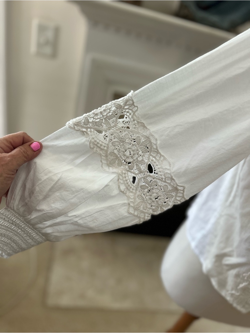 Jennifer & Grace White Lace Peasant Blouse with Tie Neck - Picture 6 of 11